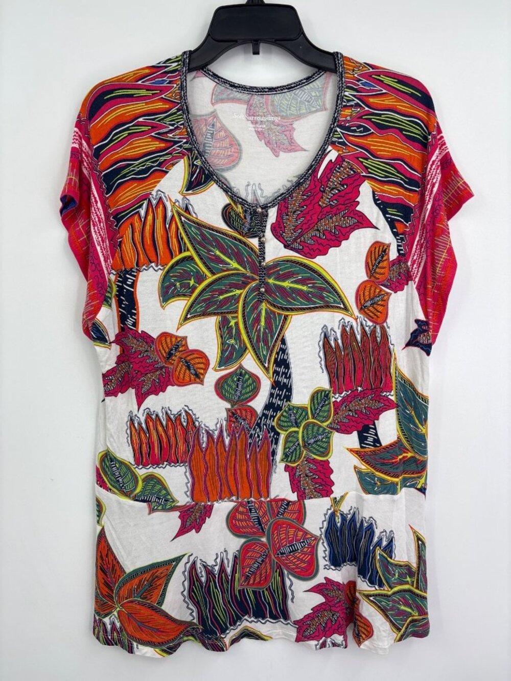 Soft Surroundings Short Sleeve Blouse Tropical Print Top Size XL Petite